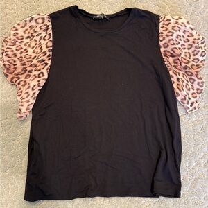 Generation Love Noelle black tee shirt sheer silk leopard flutter sleeves XL